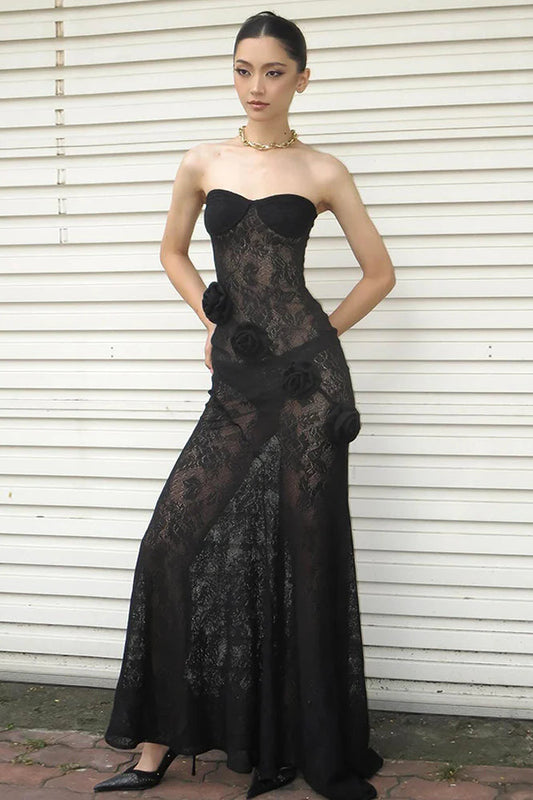 Trägerloses Maxikleid mit Blumenmuster, Spitze und Netzdetails