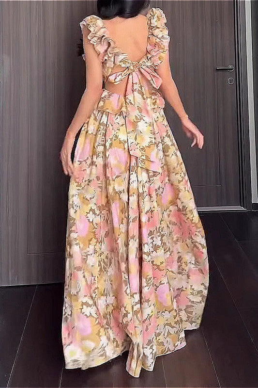 Ärmelloses Kleid mit V-Ausschnitt, Blumenmuster und Rüschen