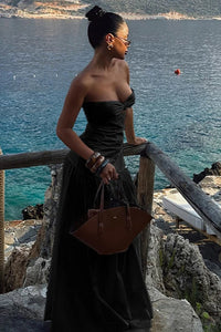Trägerloses Maxikleid mit Farbblockmuster und Netzdetails