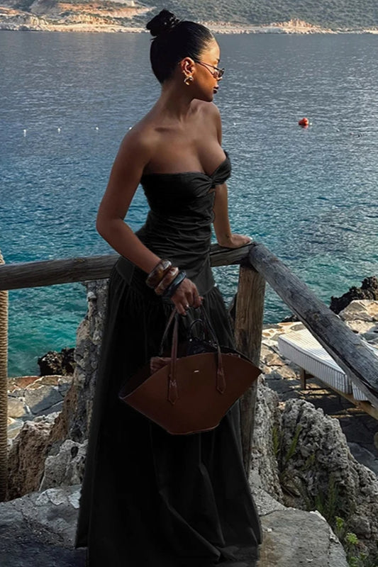 Trägerloses Maxikleid mit Farbblockmuster und Netzdetails