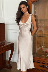 Ärmelloses Kleid mit V-Ausschnitt, Spitze und Satinoptik