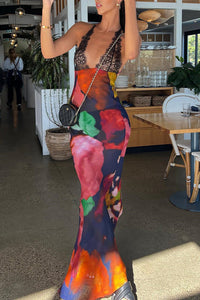 Rückenfreies Maxikleid mit V-Ausschnitt, Druck und Spitze