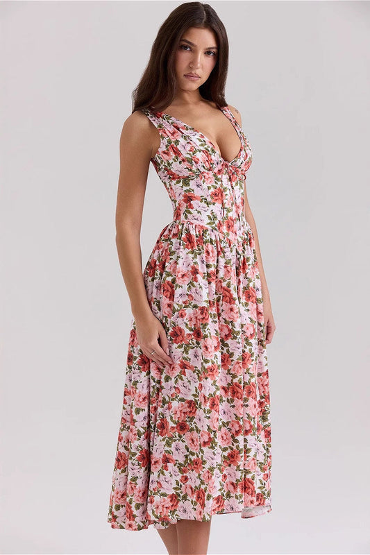 Kleid mit V-Ausschnitt und Blumenmuster in Rot