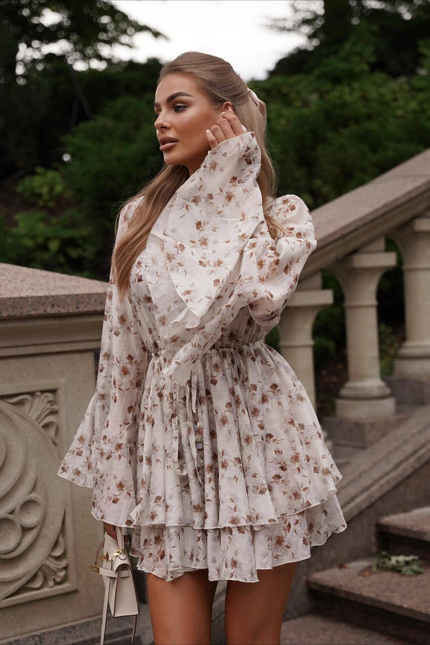 Minikleid mit V-Ausschnitt, Blumenmuster und Rüschen
