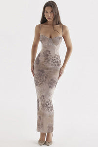 Figurbetontes Maxikleid mit Druck in Khaki