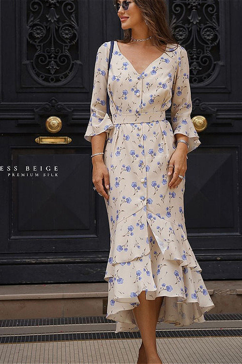 Asymmetrisches Kleid mit hoher Taille, Blumenmuster und Rüschen
