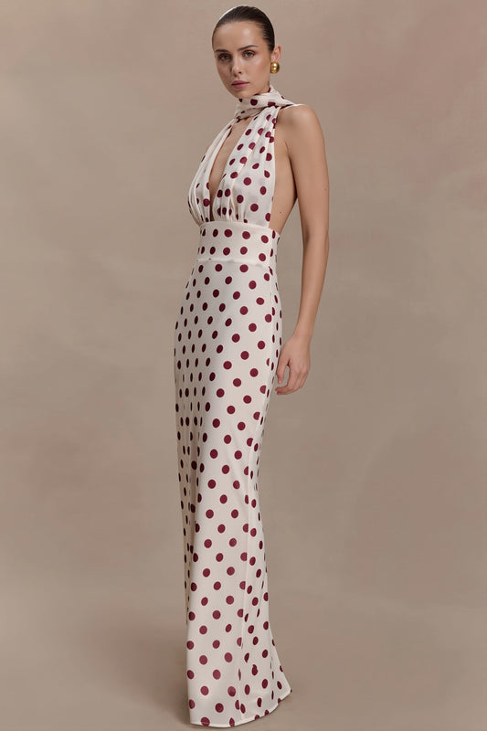Figurbetontes Maxikleid mit V-Ausschnitt, Bindedetail und Punktemuster
