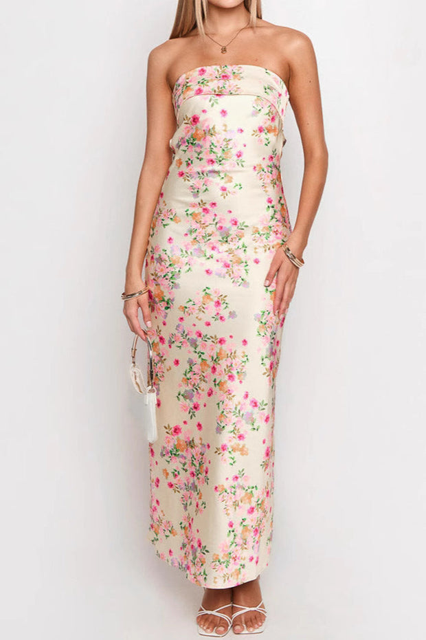 Schulterfreies Maxikleid mit Blumenmuster in Cremeweiß