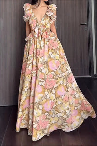 Ärmelloses Kleid mit V-Ausschnitt, Blumenmuster und Rüschen