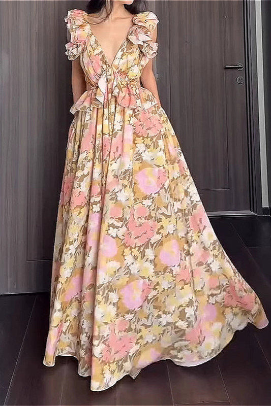 Ärmelloses Kleid mit V-Ausschnitt, Blumenmuster und Rüschen