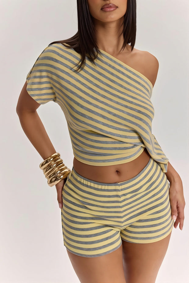 Schulterfreies Zweiteiliges Set mit hoher Taille und Streifenmuster