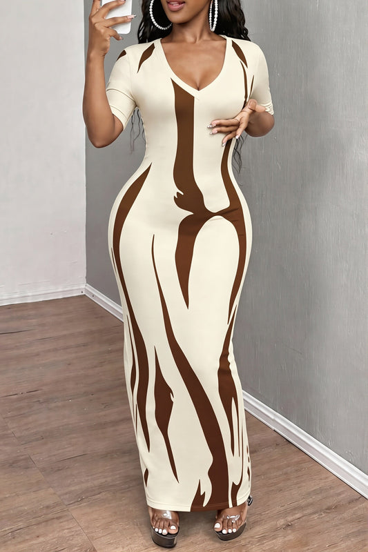 Maxikleid mit V-Ausschnitt, kurzen Ärmeln und Druck