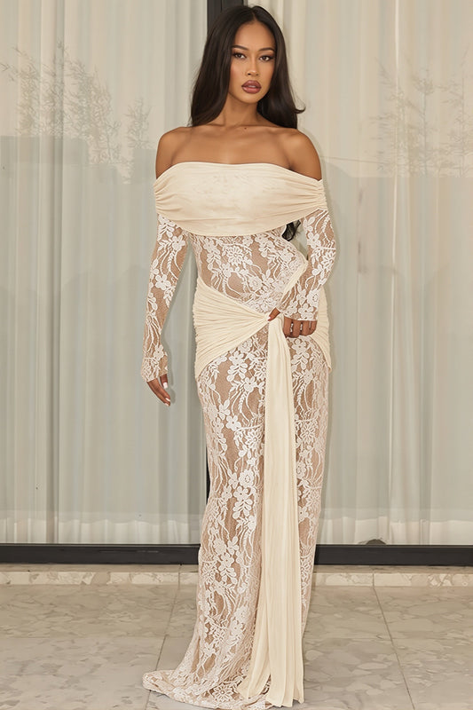 Schulterfreies Maxikleid mit langen Ärmeln, Wickeldesign und Spitze