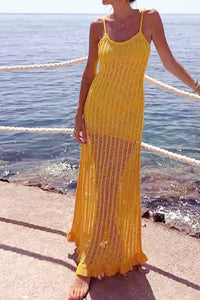 Maxikleid mit Aussparungen und Strickstruktur in Gelb