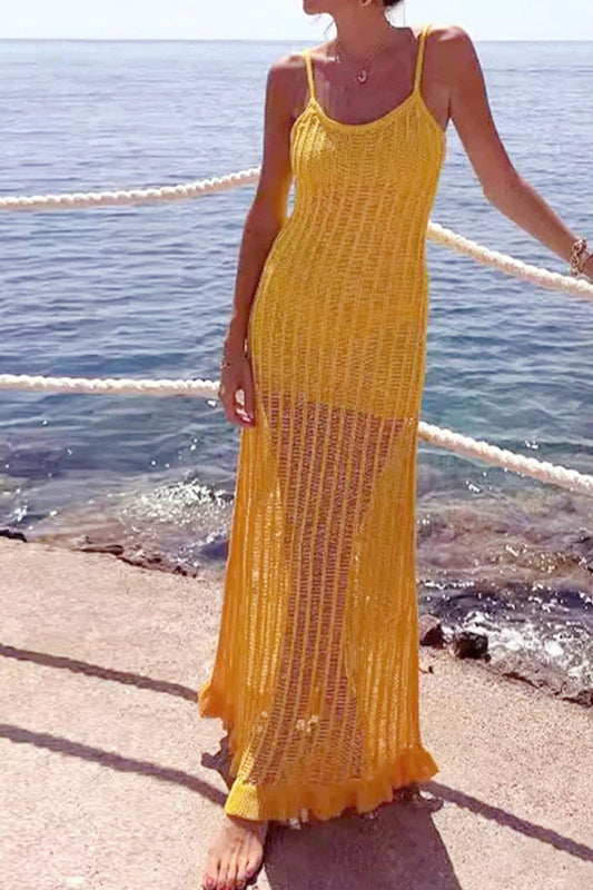 Maxikleid mit Aussparungen und Strickstruktur in Gelb