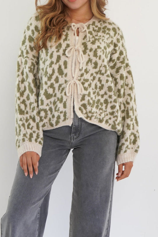 Strickjacke mit Bindedetail, Leopardenmuster und Strickstruktur