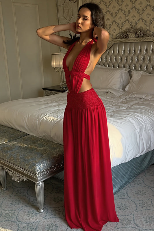 Rückenfreies Maxikleid mit Neckholder, A-Linie und Spitze