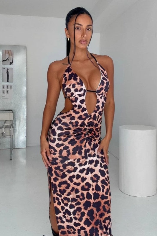 Rückenfreies Maxikleid mit hoher Taille und Leopardenmuster