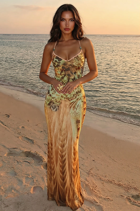 Figurbetontes Maxikleid mit V-Ausschnitt und Druck