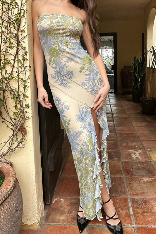 Figurbetontes Maxikleid mit Schlitz, Druck und Netzdetails