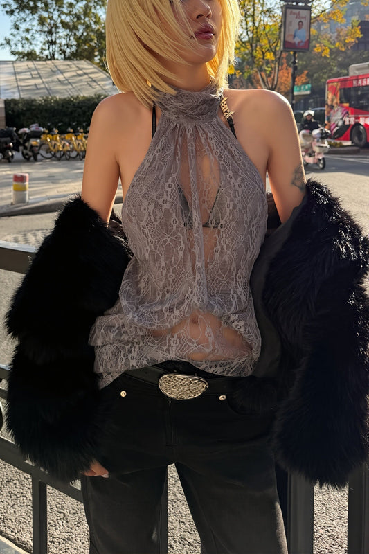 Asymmetrisches Top mit Neckholder, Spitze und Netzdetails