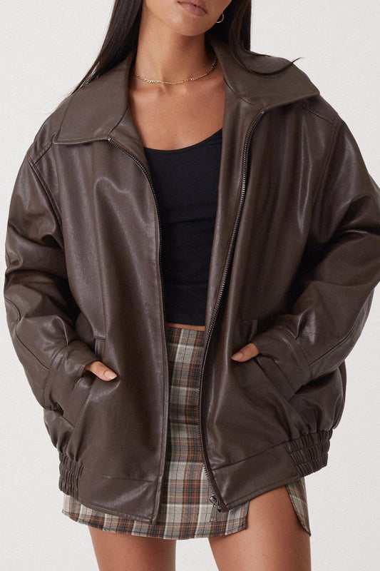 Damen Lederjacke im Oversize-Look mit Reißverschluss