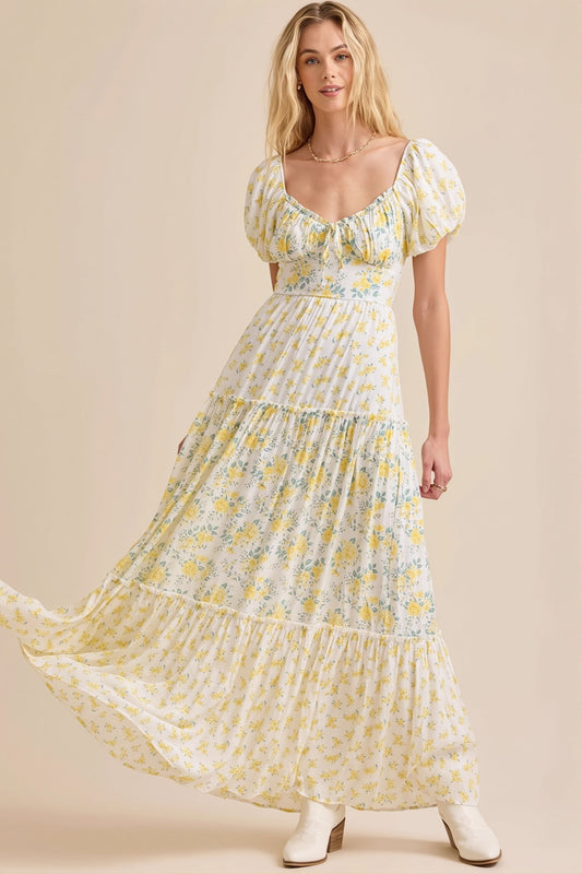 Kleid mit V-Ausschnitt, Puffärmeln und Blumenmuster