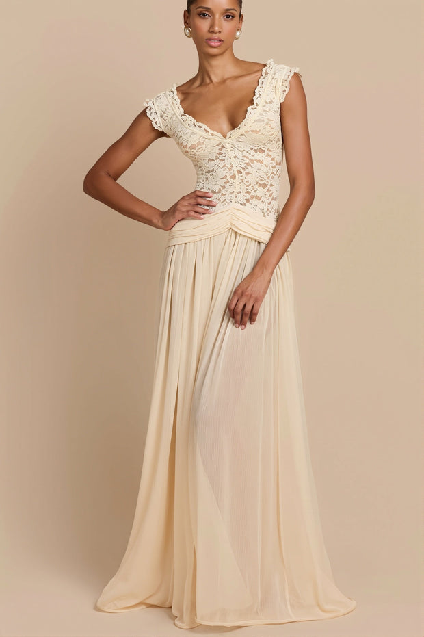 Maxikleid mit V-Ausschnitt, Spitze und Netzdetails