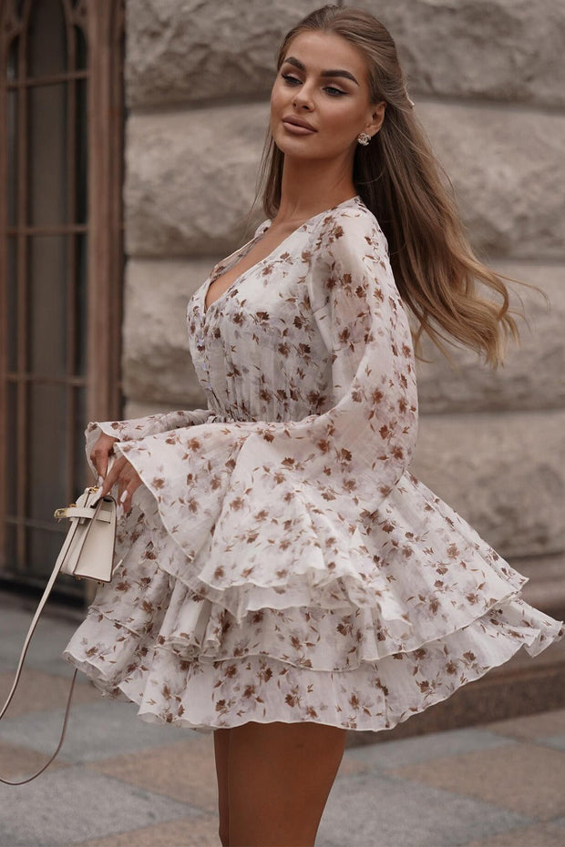 Minikleid mit V-Ausschnitt, Blumenmuster und Rüschen