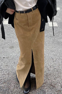 Midirock mit hoher Taille, Schlitz und Wildleder