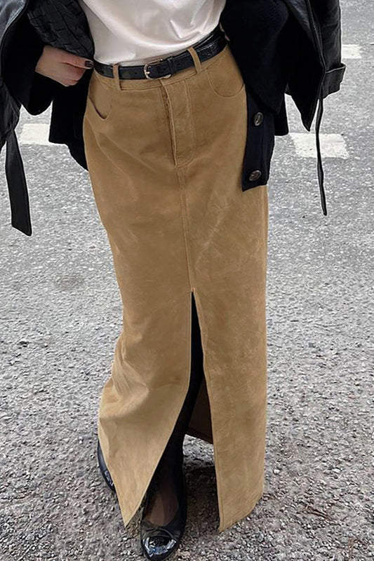 Midirock mit hoher Taille, Schlitz und Wildleder