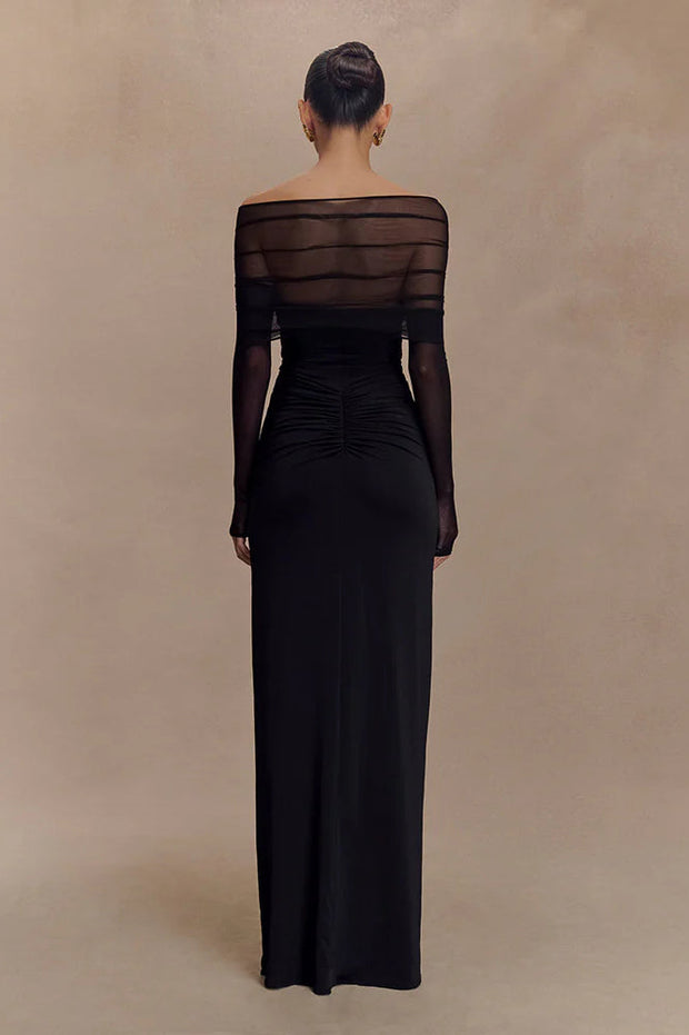 Schulterfreies Maxikleid mit Aussparungen, Patchwork und Netzdetails