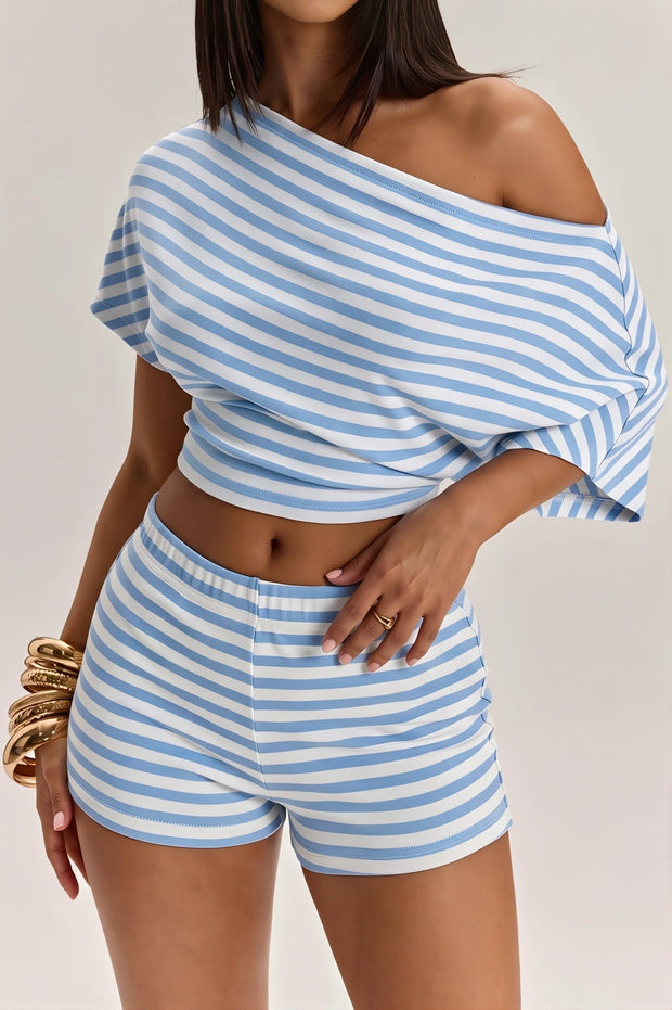 Schulterfreies Zweiteiliges Set mit hoher Taille und Streifenmuster