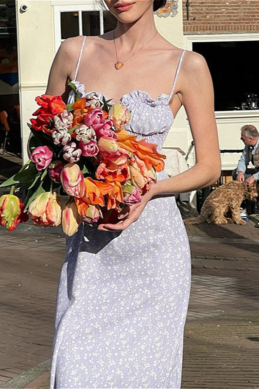 Maxikleid mit Blumenmuster und Rüschen in Lila