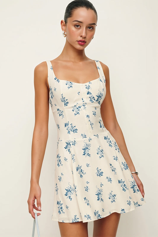 Minikleid mit eckigem Ausschnitt, A-Linie und Blumenmuster