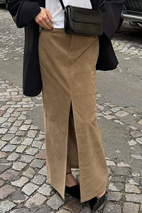 Midirock mit hoher Taille, Schlitz und Wildleder