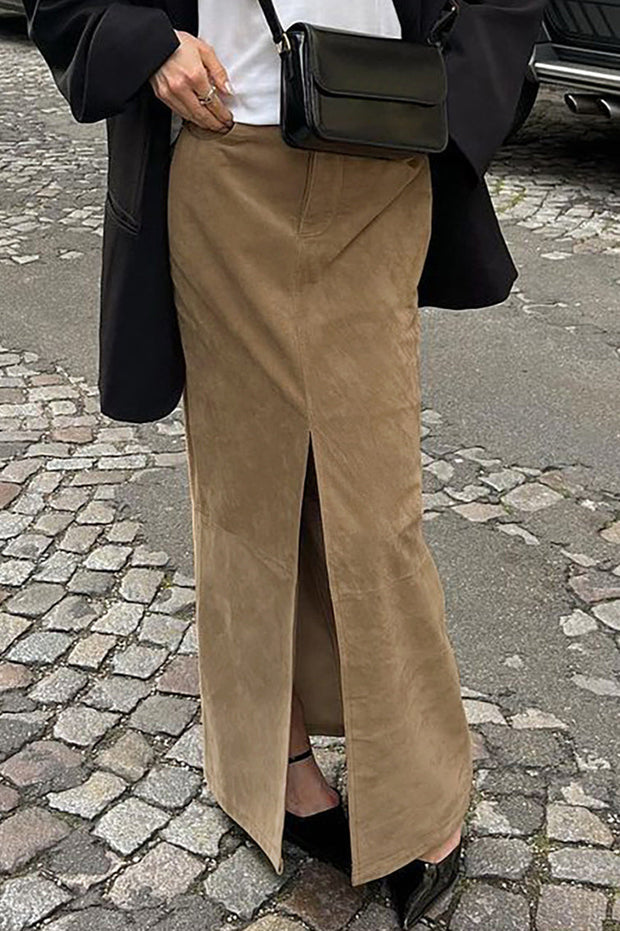 Midirock mit hoher Taille, Schlitz und Wildleder
