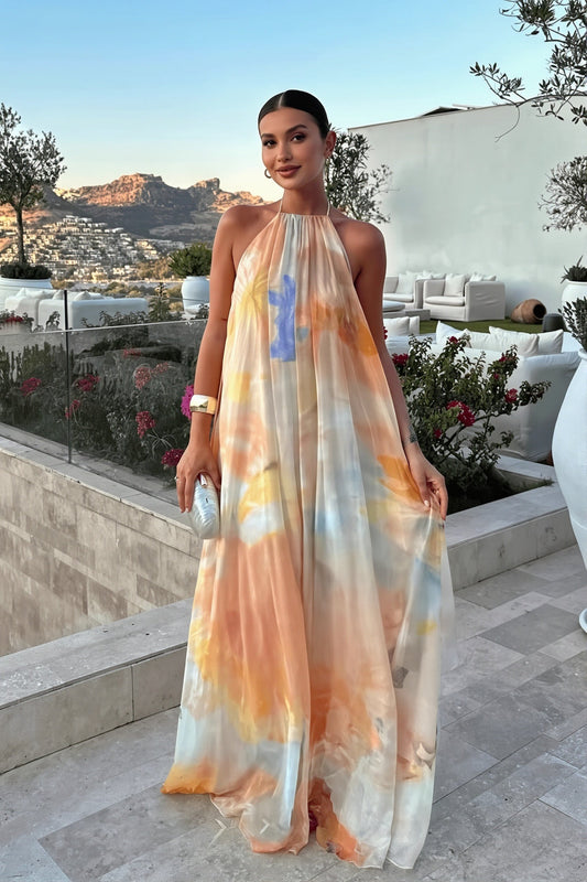 Rückenfreies Maxikleid mit Neckholder und Druck