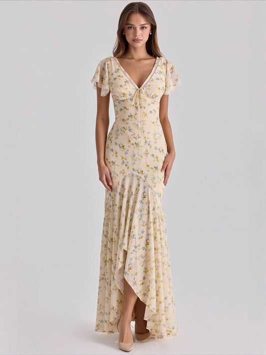 Figurbetontes Maxikleid mit V-Ausschnitt und Blumenmuster