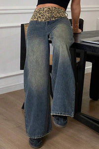 Jeans mit weitem Bein, Leopardenmuster und Patchwork