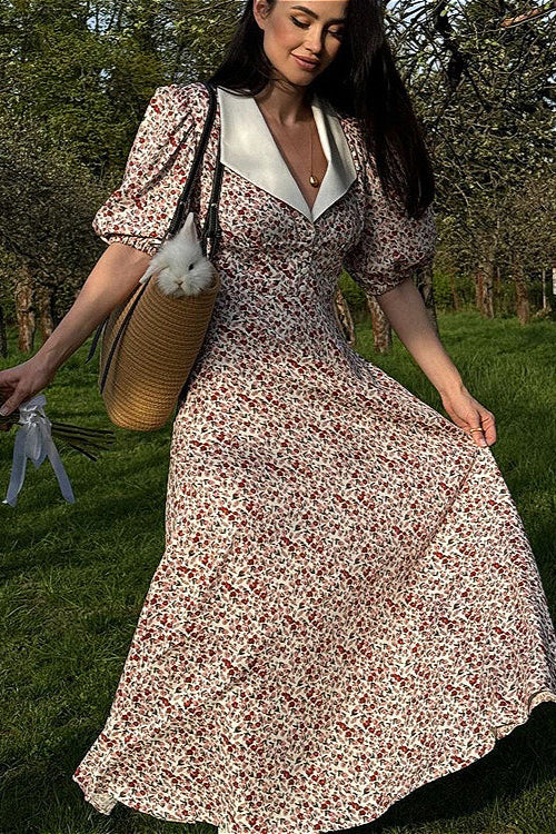 Maxikleid mit Puffärmeln, hoher Taille und Blumenmuster