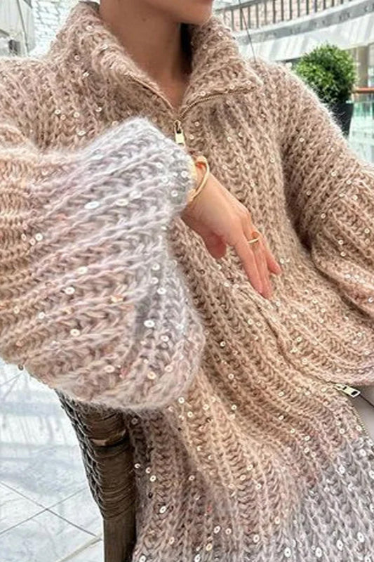 Strickjacke mit Strickstruktur und Pailletten in Khaki