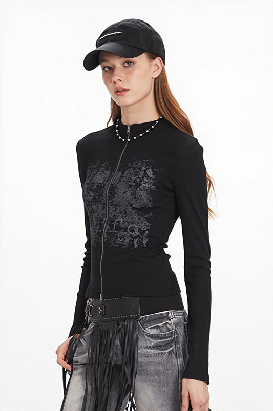 Figurbetontes Sweatshirt mit Reißverschluss und Grafikdruck