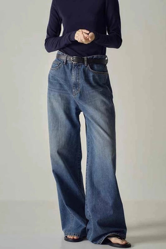 Jeans mit weitem Bein und hoher Taille in Blau, in dunkler Waschung