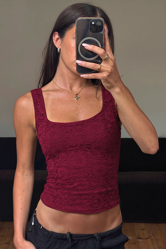 Tanktop mit eckigem Ausschnitt und Spitze in Bordeaux