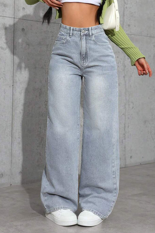 Locker geschnittene Jeans mit hoher Taille in Graublau