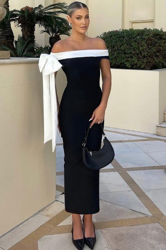 Schulterfreies Maxikleid mit Bindedetail in Schwarz