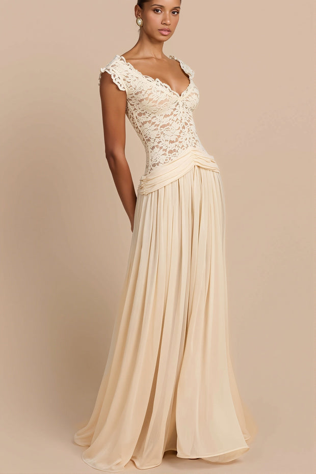 Maxikleid mit V-Ausschnitt, Spitze und Netzdetails