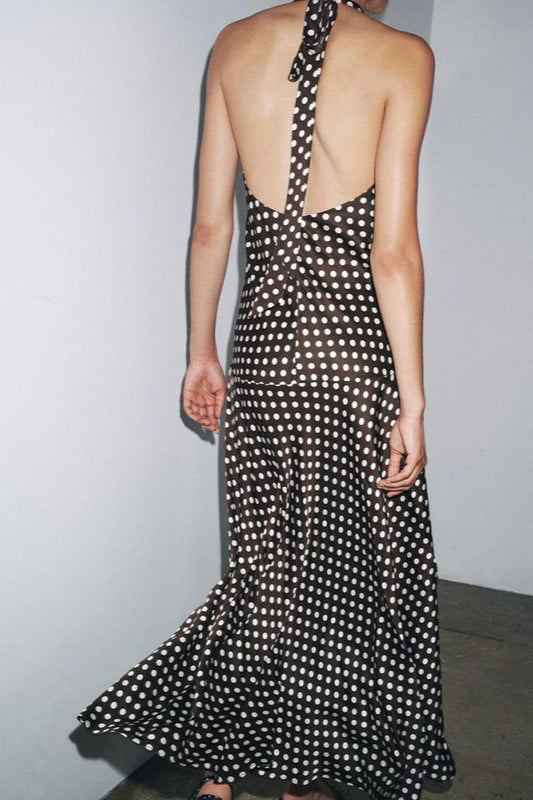 Maxikleid mit Neckholder und Punktemuster in Weiß