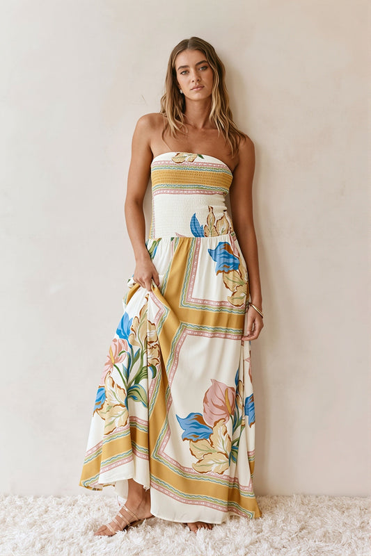 Trägerloses Maxikleid mit Blumenmuster in Beige